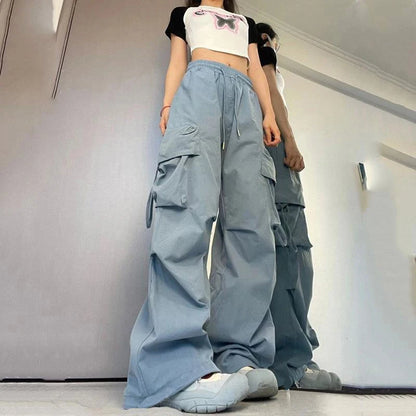 Women Y2K Cargo Pants High Waist Streetwear Hip Hop Trousers Female Big Pockets Casual Low Waist Drawstring Baggy Sweatpants