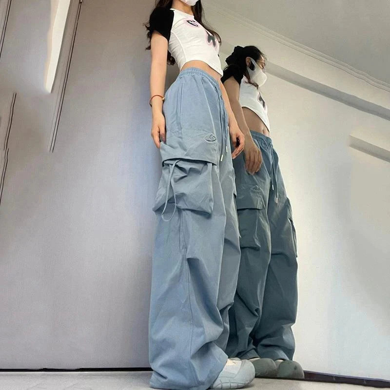 Women Y2K Cargo Pants High Waist Streetwear Hip Hop Trousers Female Big Pockets Casual Low Waist Drawstring Baggy Sweatpants