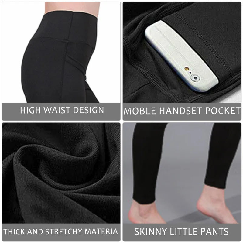 Winter High Waist Elastic Women Yoga Pants Solid Color Pockets Butt Lift Leggings Fitness Lady Quick-Dry Tummy Control Sweatpant