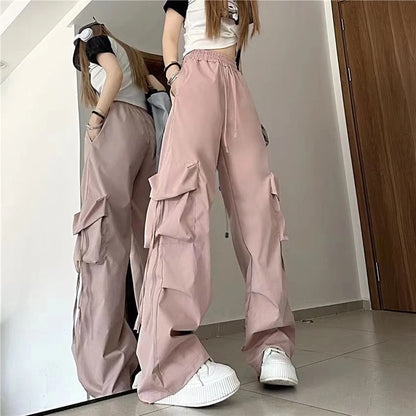 Women Y2K Cargo Pants High Waist Streetwear Hip Hop Trousers Female Big Pockets Casual Low Waist Drawstring Baggy Sweatpants