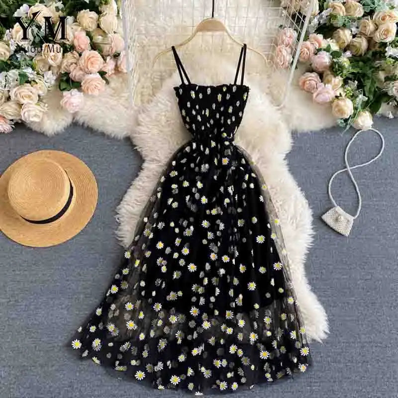 YuooMuoo Korean Fashion Daisy Flower Print Mesh Party Dress Summer Two Layers Spaghetti Strap Vacation Midi Dress Beach Vestidos