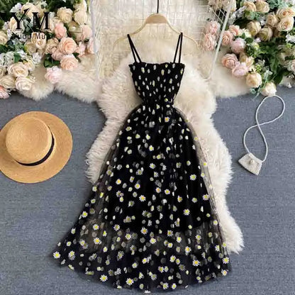 YuooMuoo Korean Fashion Daisy Flower Print Mesh Party Dress Summer Two Layers Spaghetti Strap Vacation Midi Dress Beach Vestidos