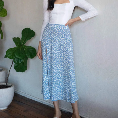 Jocoo Jolee Elegant Leopard Floral Printing Long Skirt Women Sexy High Waist Split Midi Skirts Office Lady Bodycon A Line Skirts