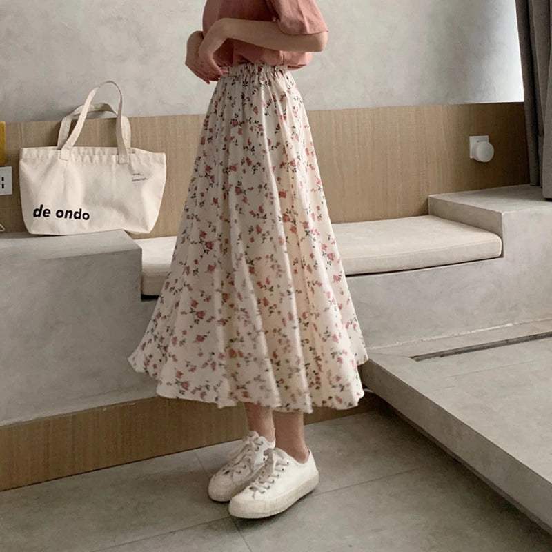 Vintage Floral Print A-line Pleated Long Skirts Summer Women 2024 Korean Skirt Streetwear Drawstring Elastic Waist Midi Skirt