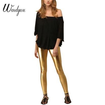 Wendywu New Hot Women Sexy Stretch Solid Silver Leather Ankle-Length Bodycon Leggings