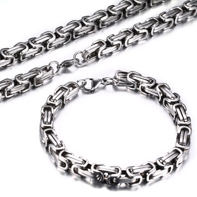 Stainless Steel Byzantine Chain Braided Chain Necklace Bracelet Set Men's Biker Punk Hip Hop Rock Jewelry Accessories