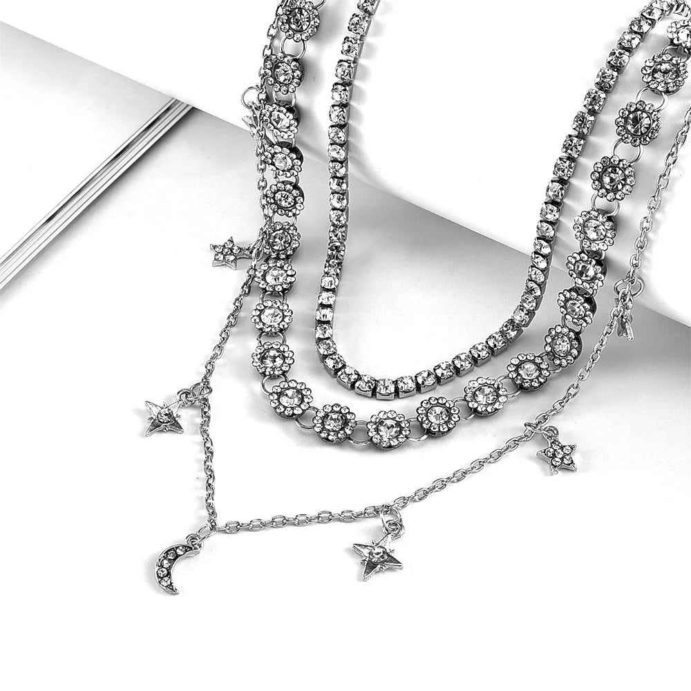 New Vintage Fashion Multilevel Silver-plate Necklaces For Women Crystal Moon Stars Sun Pendant Necklace 2020 Female Boho Jewelry