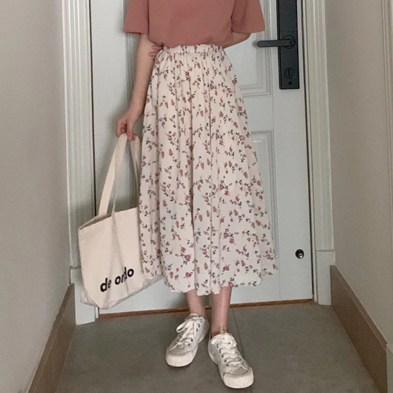 Vintage Floral Print A-line Pleated Long Skirts Summer Women 2024 Korean Skirt Streetwear Drawstring Elastic Waist Midi Skirt