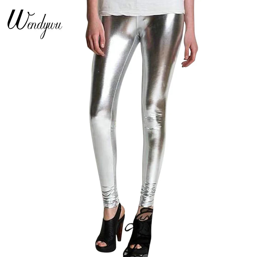 Wendywu New Hot Women Sexy Stretch Solid Silver Leather Ankle-Length Bodycon Leggings