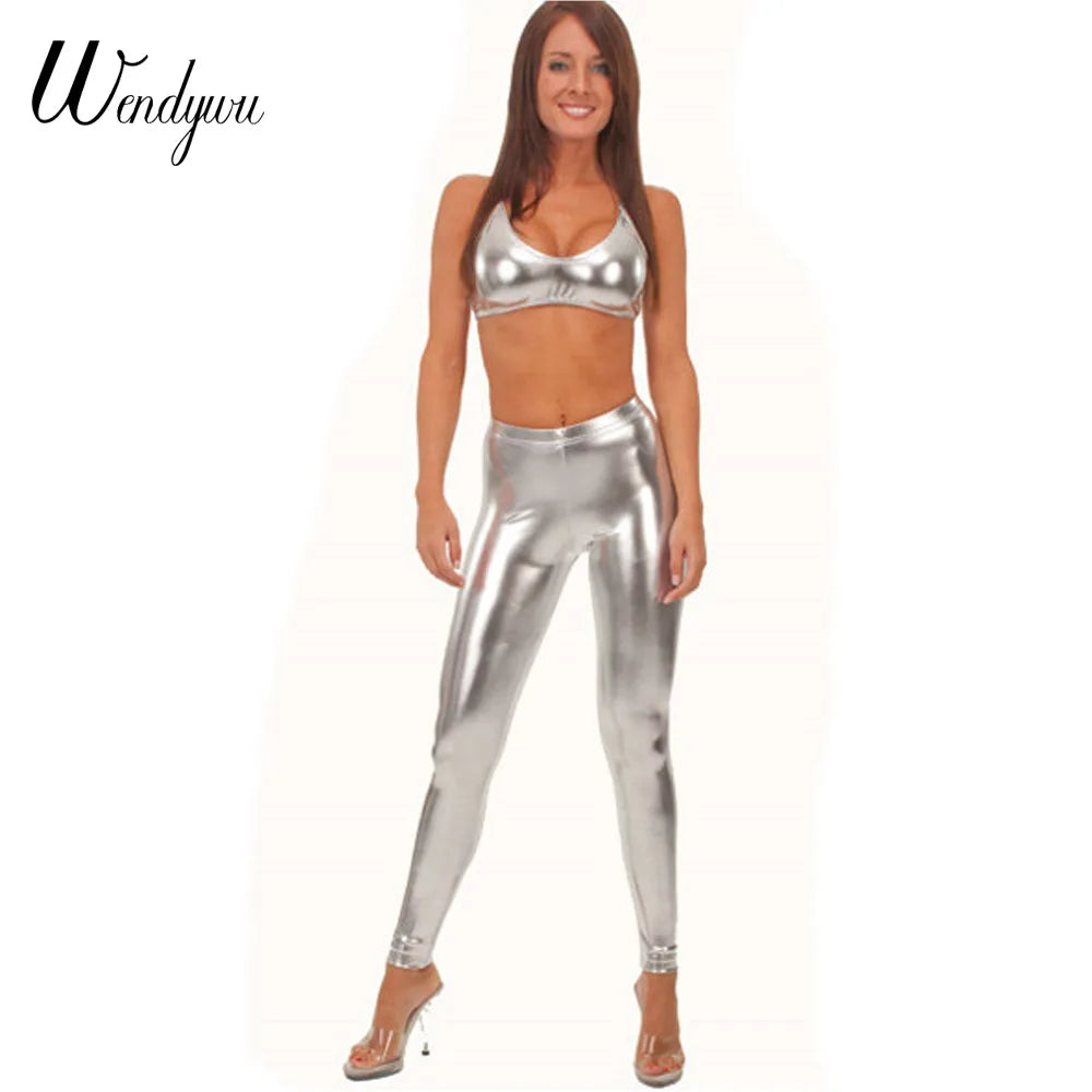 Wendywu New Hot Women Sexy Stretch Solid Silver Leather Ankle-Length Bodycon Leggings