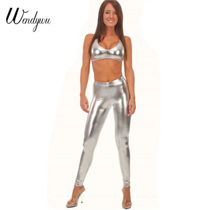 Wendywu New Hot Women Sexy Stretch Solid Silver Leather Ankle-Length Bodycon Leggings