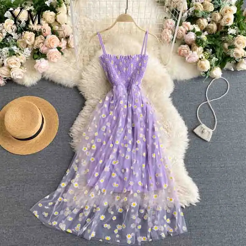 YuooMuoo Korean Fashion Daisy Flower Print Mesh Party Dress Summer Two Layers Spaghetti Strap Vacation Midi Dress Beach Vestidos