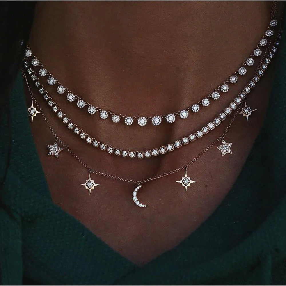 New Vintage Fashion Multilevel Silver-plate Necklaces For Women Crystal Moon Stars Sun Pendant Necklace 2020 Female Boho Jewelry