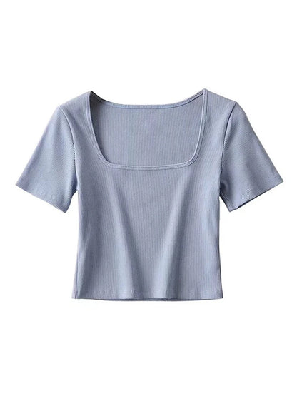 Women Square Neck Rib Crop T-shirt Short Sleeve Crop Top