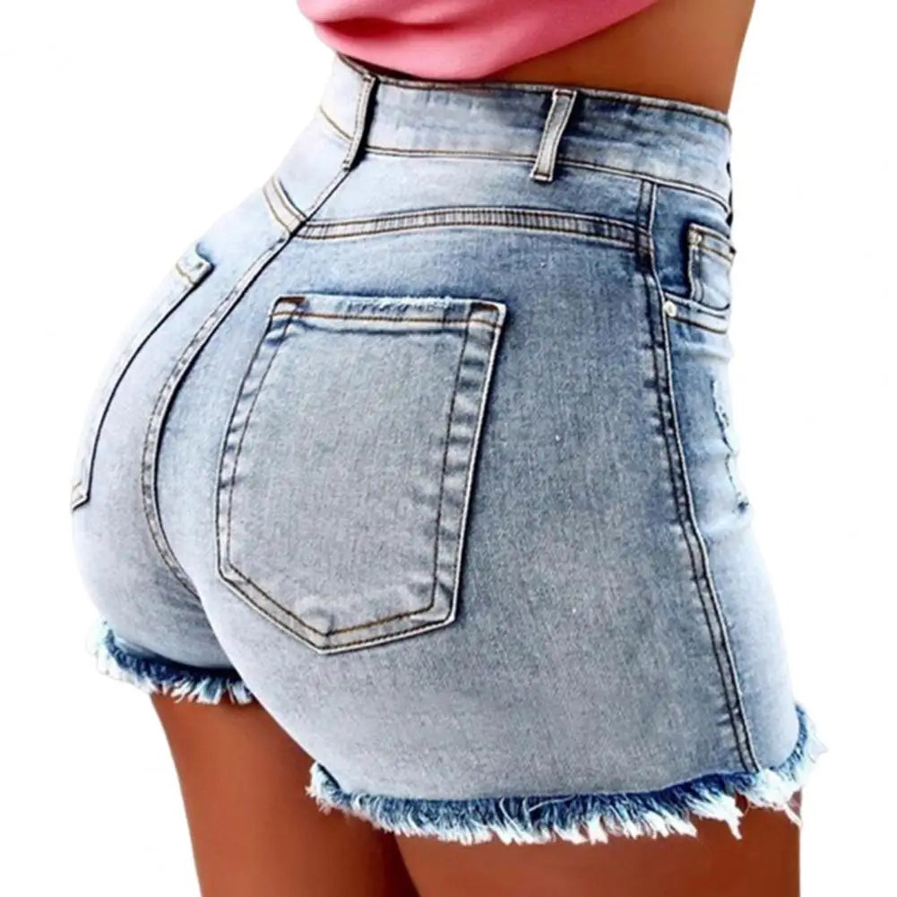 Summer Women Shorts High Waist Washed Retro Shorts Distressed Ripped Edge Butt-lifted Slim Fit Casual Club Party Short Pants