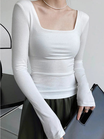 Long-sleeved square-neck t-shirt women's slim-fit exposed collarbone low-neck short top bottoming shirt