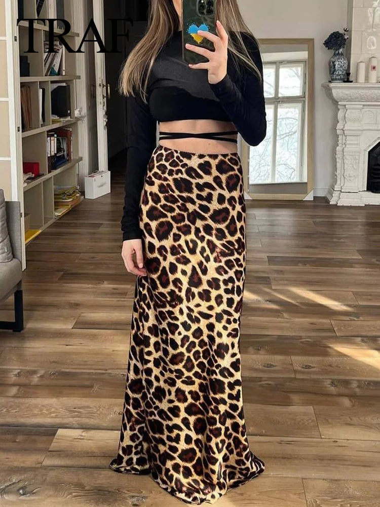 TRAF 2024 Vintage Women's Leopard Print Satin Skirt Female Summer High Waist Midi Skirt Woman Fashion Elegant Long Skirts