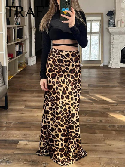 TRAF 2024 Vintage Women's Leopard Print Satin Skirt Female Summer High Waist Midi Skirt Woman Fashion Elegant Long Skirts