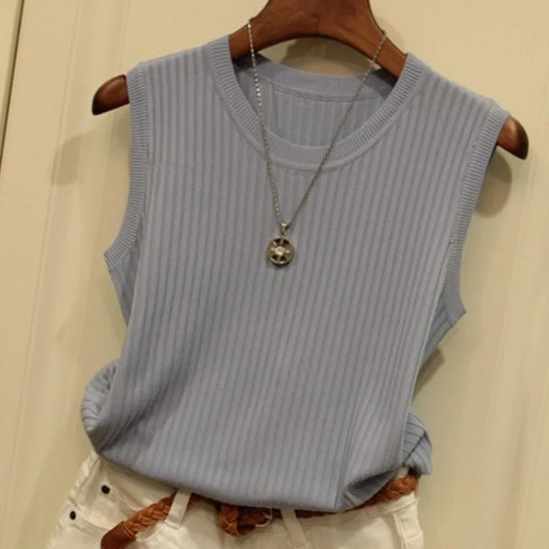 1pcs Summer New Fashion Knitted Vests O-neck Sleeveless Casual Thin Tops