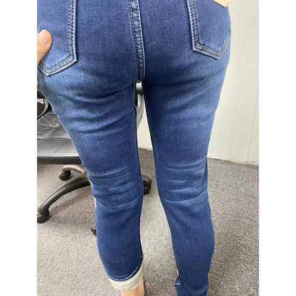 Women Thermal Jeans Winter Snow Warm Plush Stretch Jeans Lady Skinny Thicken Fleece Denim Long Pants Retro Blue Pencil Trousers