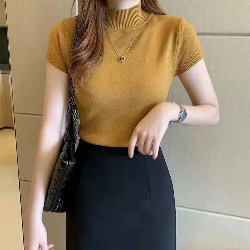 Women's Half-High Neck T-Shirt Fashion Jumper Casual Tops Korean Style Elegant Solid-Coloured Clothing Spring And Summer Season