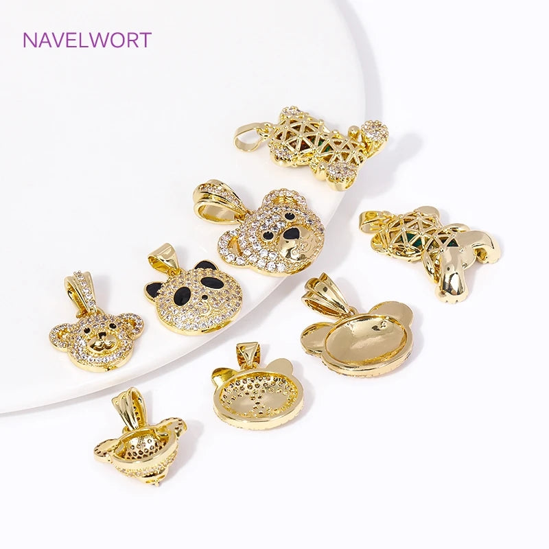 18K Gold Plated Brass Inlaid Zircon Bear Head/Panda Head/Hollow Bear Charms Pendant For DIY Necklace Jewelry Making Accessories