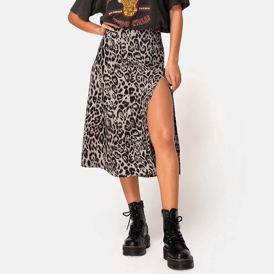 Jocoo Jolee Elegant Leopard Floral Printing Long Skirt Women Sexy High Waist Split Midi Skirts Office Lady Bodycon A Line Skirts