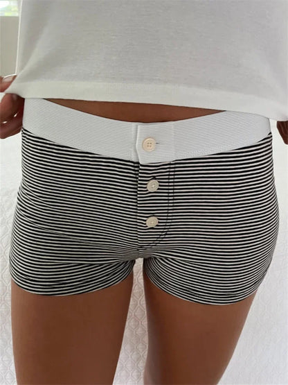 Women's Casual Elastic Shorts Solid Color/Floral/Heart Print Low Waist Button Short Pants Loungewear Summer Bottoms Y2K