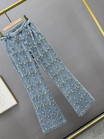 Women Jeans High Waist Embroidered Flares Plaid Pearls Straight Beading Pendant Denim Pants 2025 Autumn New Fashion