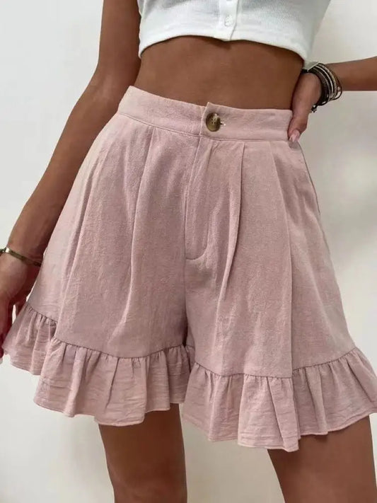 New Women's Shorts Loose Cotton Hemp Casual Shorts Button Zipper Solid Color Pocket High Waist Wide Leg Ruffle Edge Shorts