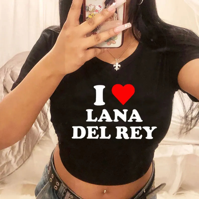 I Love Lana Del Rey Red Love Heart Women Cropped Tops 2000s Kawaii Clothes Cropped Navel Women Crop Tops Fashion T-Shirt