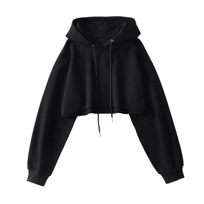 Sexy Short Hooded Sweatshirts Women Fashion Solid Color Long Sleeve Crop Tops Korean Streetwear Pullover Hoodies Female