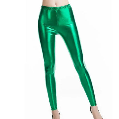 Wendywu New Hot Women Sexy Stretch Solid Silver Leather Ankle-Length Bodycon Leggings