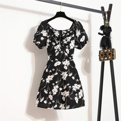 Women Mini Dresses Summer Fashion Female Vestidos Print Floral Chiffon Dresses Shirring Pleated Short Puffy Sleeve Casual Dress