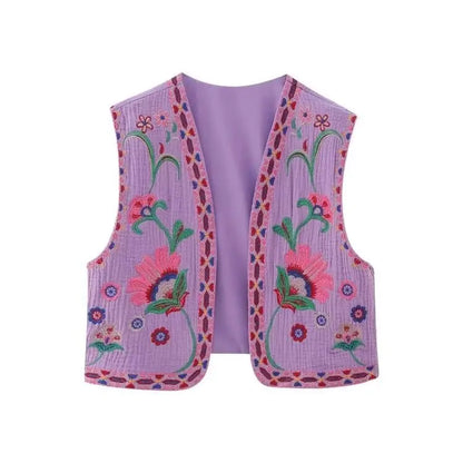 KEYANKETIAN Women Vintage Floral Embroidered Open WaistCoat Ladies National Style Vest Jacket Outfits Casual Vacation Crop Top