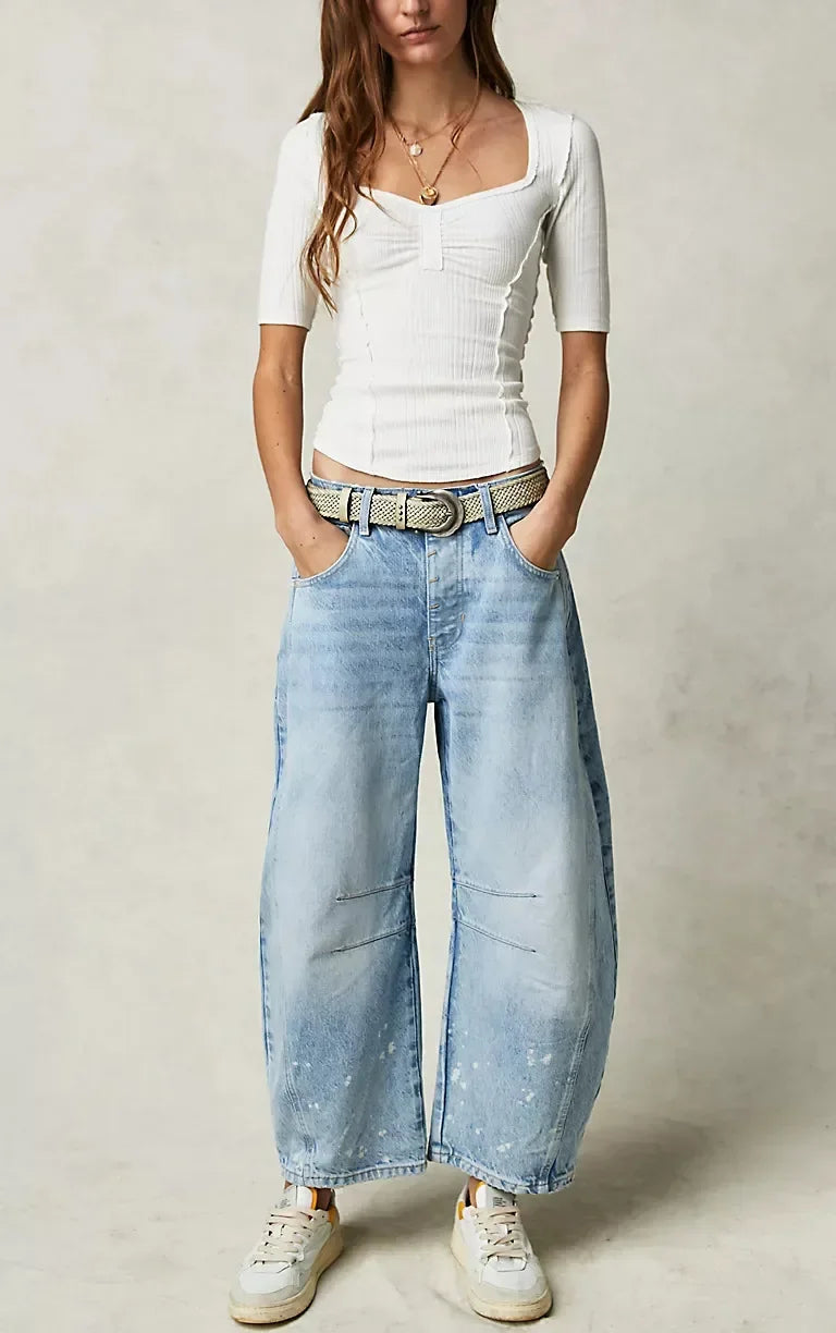 Women Jeans Wide Leg Loose Denim Pants Bleached Solid Color High Waist Fashion Ankle Length Pants Jeans Trousers