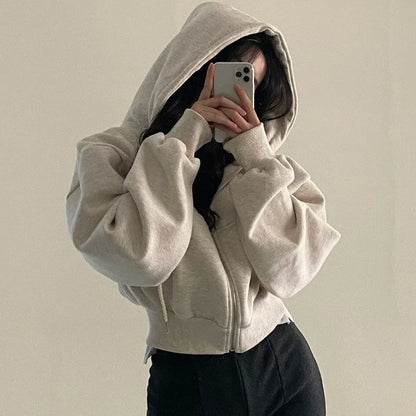 Korean Hoodies Autumn and Winter 2024 New Ins Plus Velvet 100 Fashion Short Slim Zipper Warm Solid Color Hoodie Woman