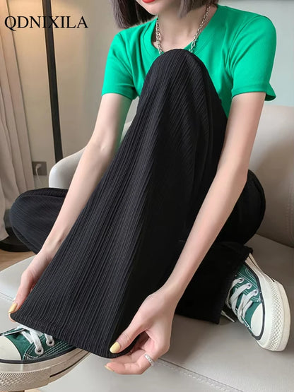 2024 Spring Summer Ice Silk Wide Leg Pants for Women Korean Thin Chiffon High Waist Saggy Loose Straight Casual Fashion Trousers