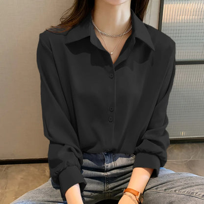 Spring Autumn Casual Chiffon Shirt Women Office Lady Shirts Fashion Female Long Sleeve Loose Solid Blouse Tops  S-4XL