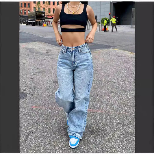 Full Length Women Jeans Solid Distressed Denim Straight Pants Pockets Loose Casual Mid Waist Basics Zipper Fly Flat Washing