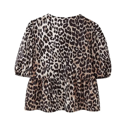 Summer Shirt With Strap Lace-up Leopard Blouse Puff Sleeve Crop Top Women's Summer Clothing