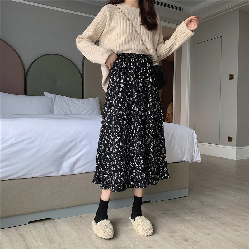 Vintage Floral Print A-line Pleated Long Skirts Summer Women 2024 Korean Skirt Streetwear Drawstring Elastic Waist Midi Skirt