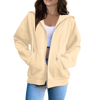 Women's Casual Fashion Solid Color Long Sleeved Zippered Hooded Sweatshirt