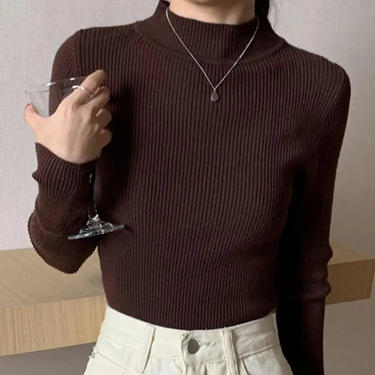 Autumn Winter Mock Neck Women Sweater Vintage Basic Solid Knitted Tops Casual Slim Pullover Korean Sweaters Simple Chic Jumpers