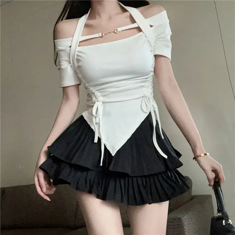 Hanging Neck Irregular Drawstring Short-sleeved T-shirt Female Summer Design Sense Niche Slim Spice Girl Top Ins Shirts