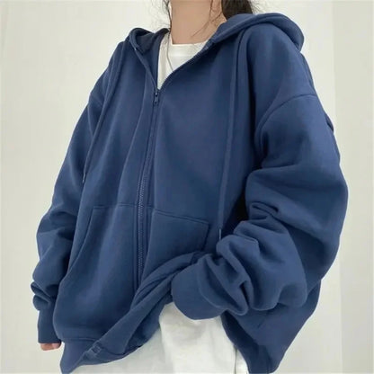 Loose Women Hoodies Casual Solid Zip Up Hooded Sweatshirt Harajuku Korean Loose Couple Hoodie Jacket Coat Streetwear