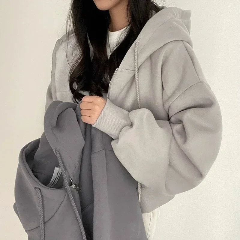 Korean Hoodies Autumn and Winter 2024 New Ins Plus Velvet 100 Fashion Short Slim Zipper Warm Solid Color Hoodie Woman