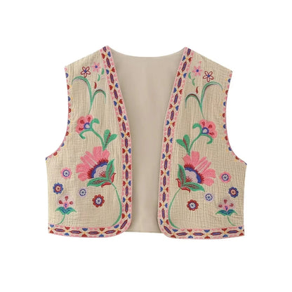 KEYANKETIAN Women Vintage Floral Embroidered Open WaistCoat Ladies National Style Vest Jacket Outfits Casual Vacation Crop Top