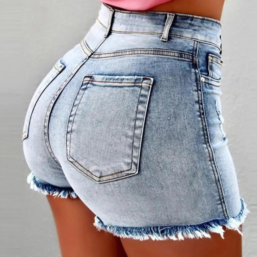 Summer Women Shorts High Waist Washed Retro Shorts Distressed Ripped Edge Butt-lifted Slim Fit Casual Club Party Short Pants