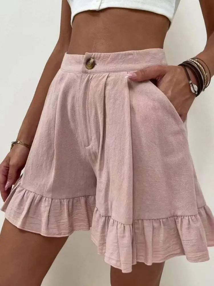 New Women's Shorts Loose Cotton Hemp Casual Shorts Button Zipper Solid Color Pocket High Waist Wide Leg Ruffle Edge Shorts